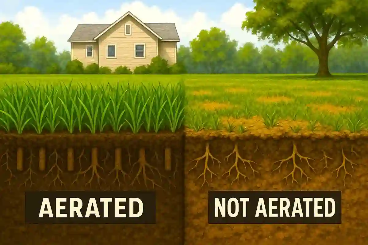 Split-view comparison of an aerated lawn with lush grass and deep roots versus a non-aerated lawn showing compacted soil, sparse grass, and poor drainage in a Northern Illinois setting