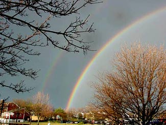 Skyline with rainbow above neighborhood, representing Sheffield Towne