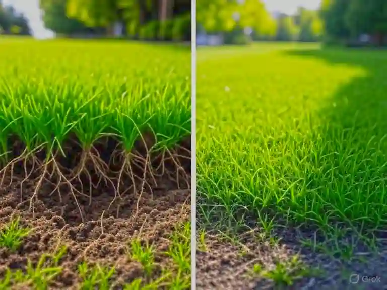 Split-view comparison of an aerated lawn with lush grass and deep roots versus a non-aerated lawn showing compacted soil, sparse grass, and poor drainage in a Northern Illinois setting